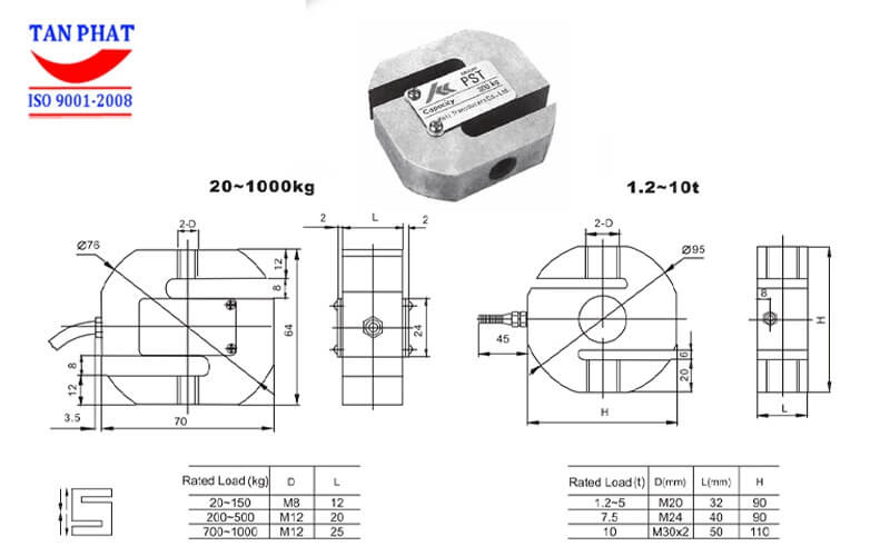 Loadcell PST Keli 200kg - Bản vẽ kỹ thuật chi tiết loadcell PST Keli 200kg